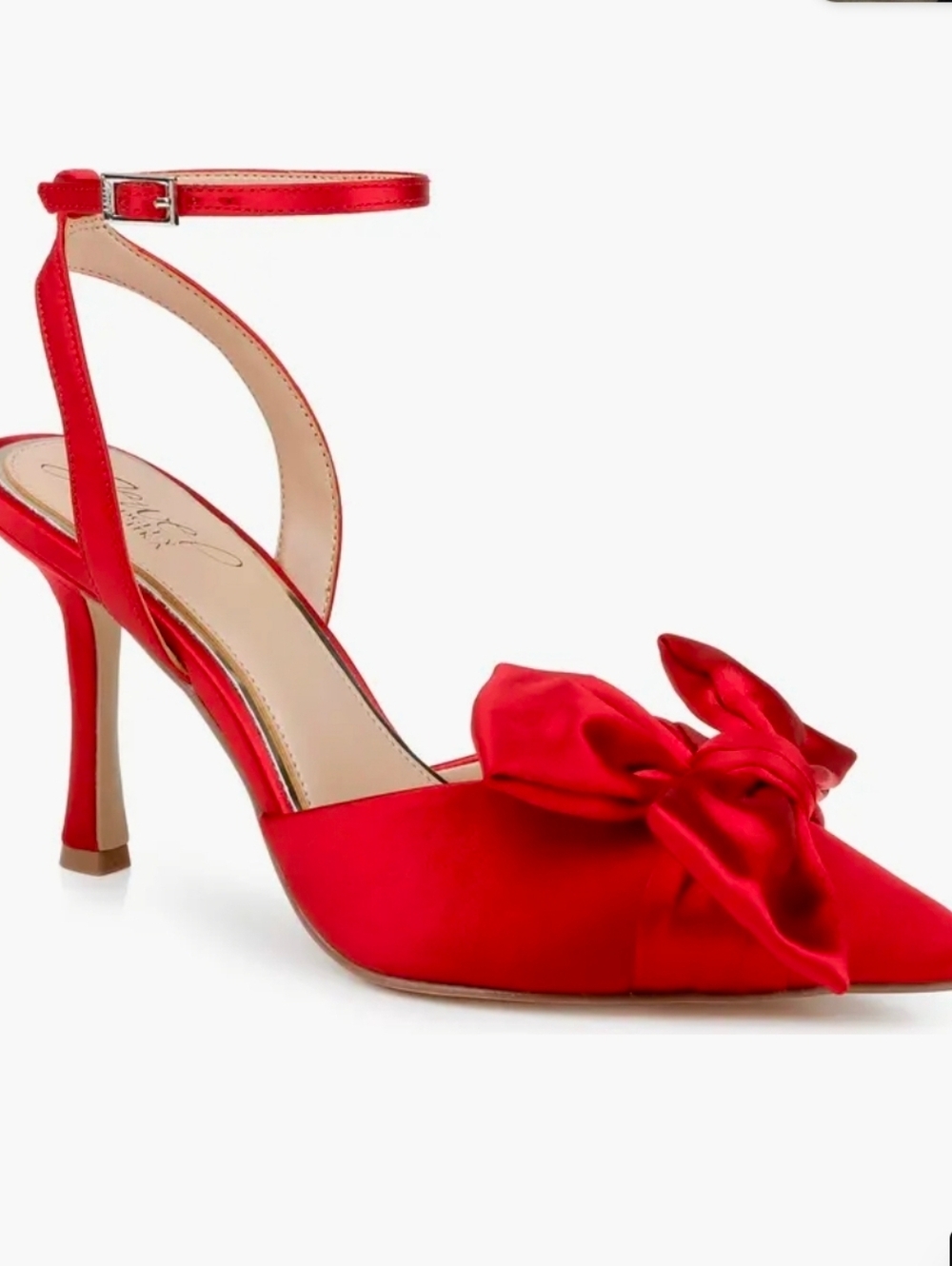 Jewel Badgley Mischka Francine ankle strap stiletto pumps in Red Satin.